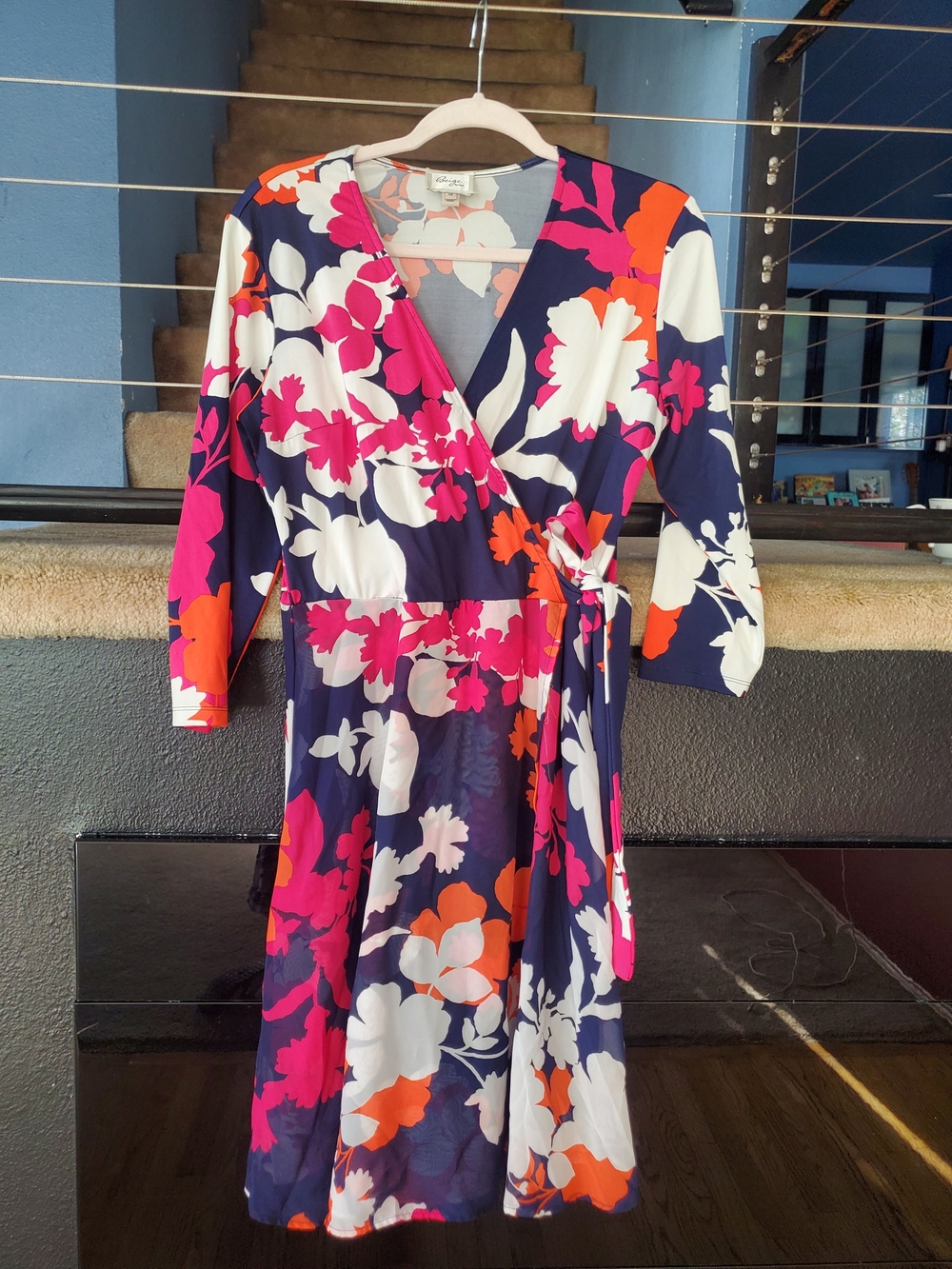 Beige by eci Navy Wrap Midi Dress with Fuchsia & Orange Floral Print